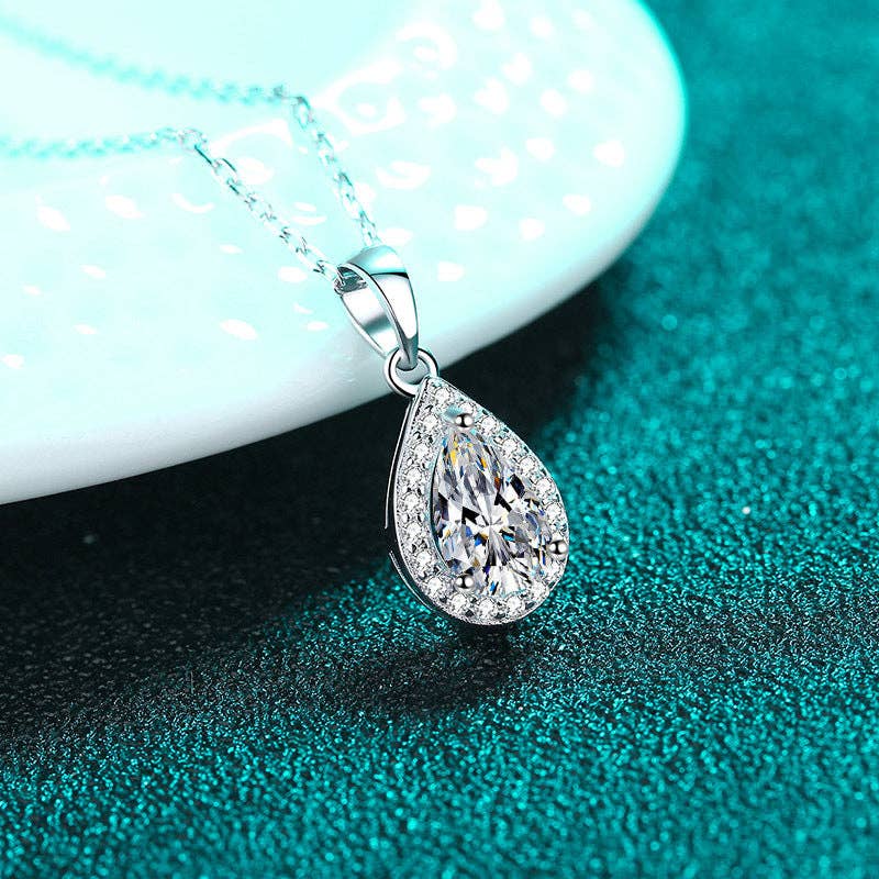 Moissanite Halo Teardrop Necklace in 925 Sterling Silver