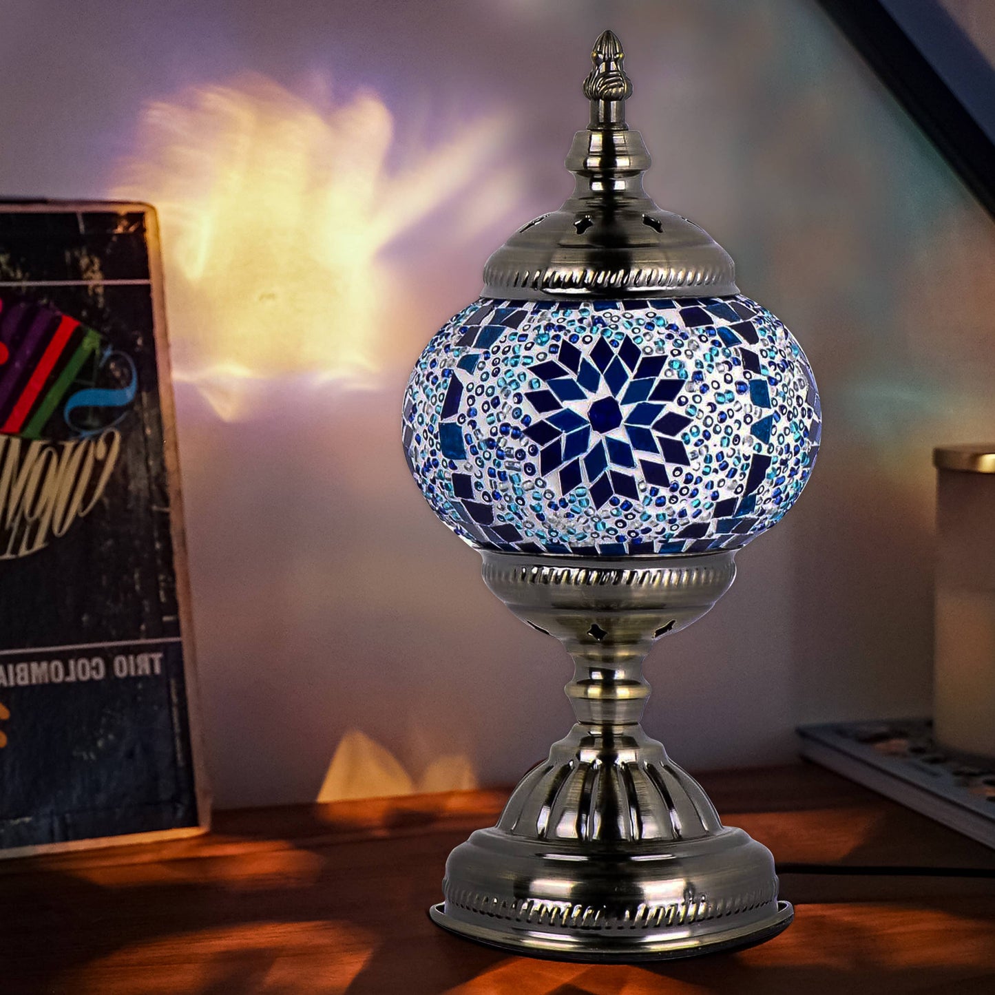 Turkish Moroccan Mosaic Desk Lamp Blue Handcrafted