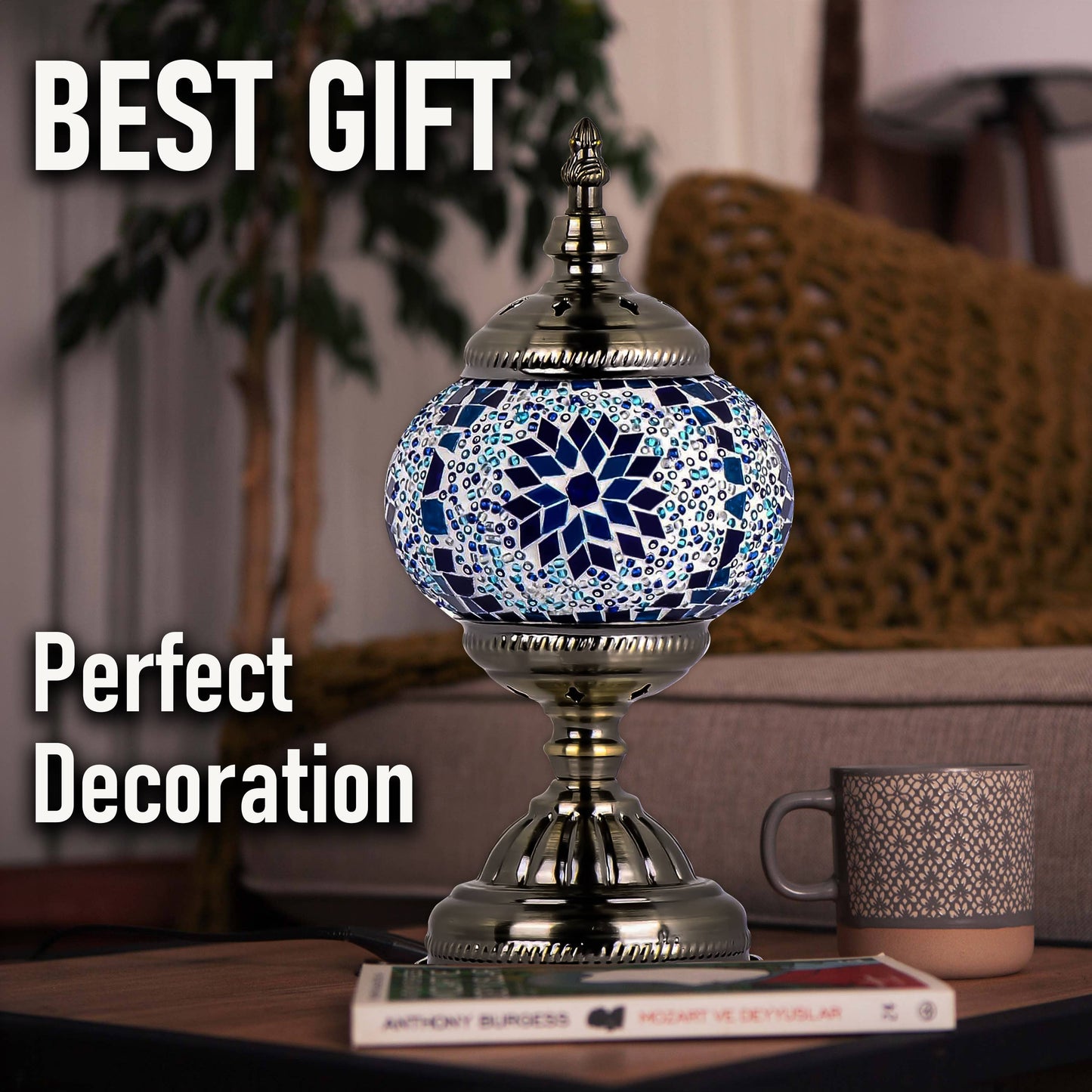 Turkish Moroccan Mosaic Desk Lamp Blue Handcrafted