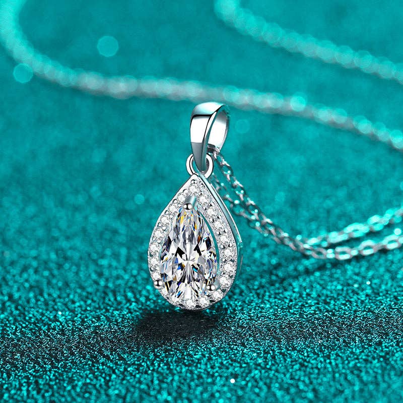 Moissanite Halo Teardrop Necklace in 925 Sterling Silver