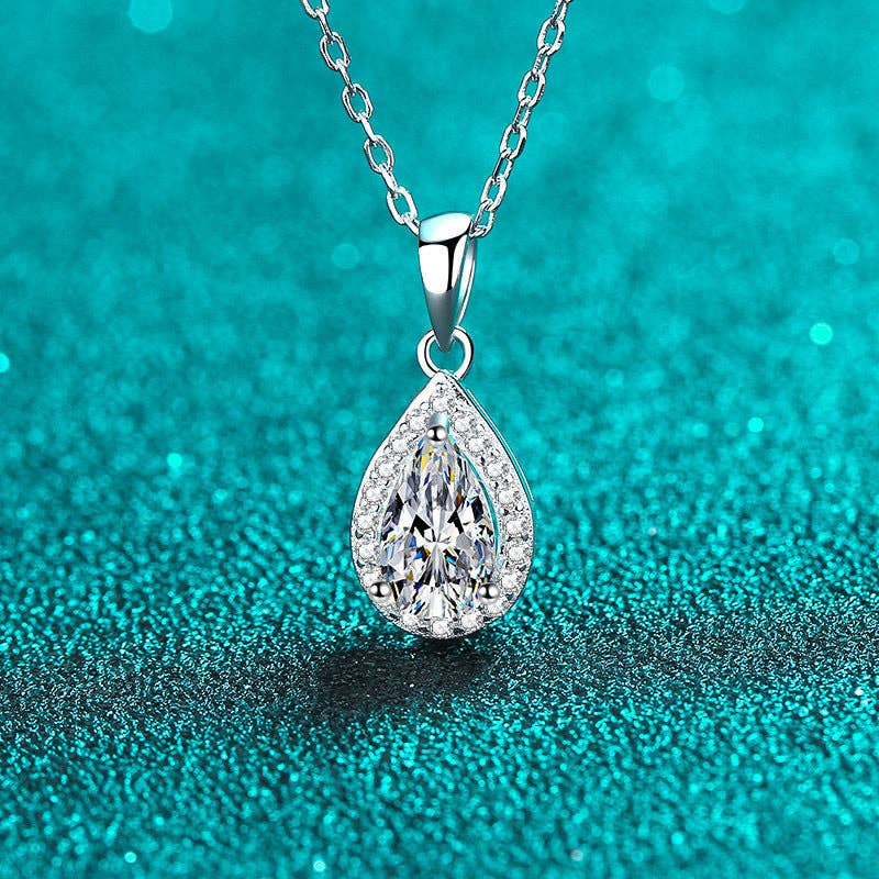 Moissanite Halo Teardrop Necklace in 925 Sterling Silver