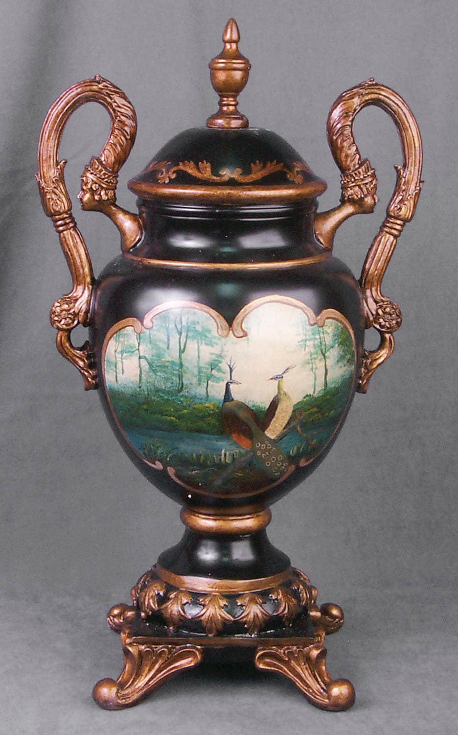 Handpainted Peacock Urn with Handles
